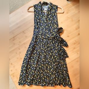 Karina Ruby faux wrap sleeveless dress S/M black with green/tan/gold botanical